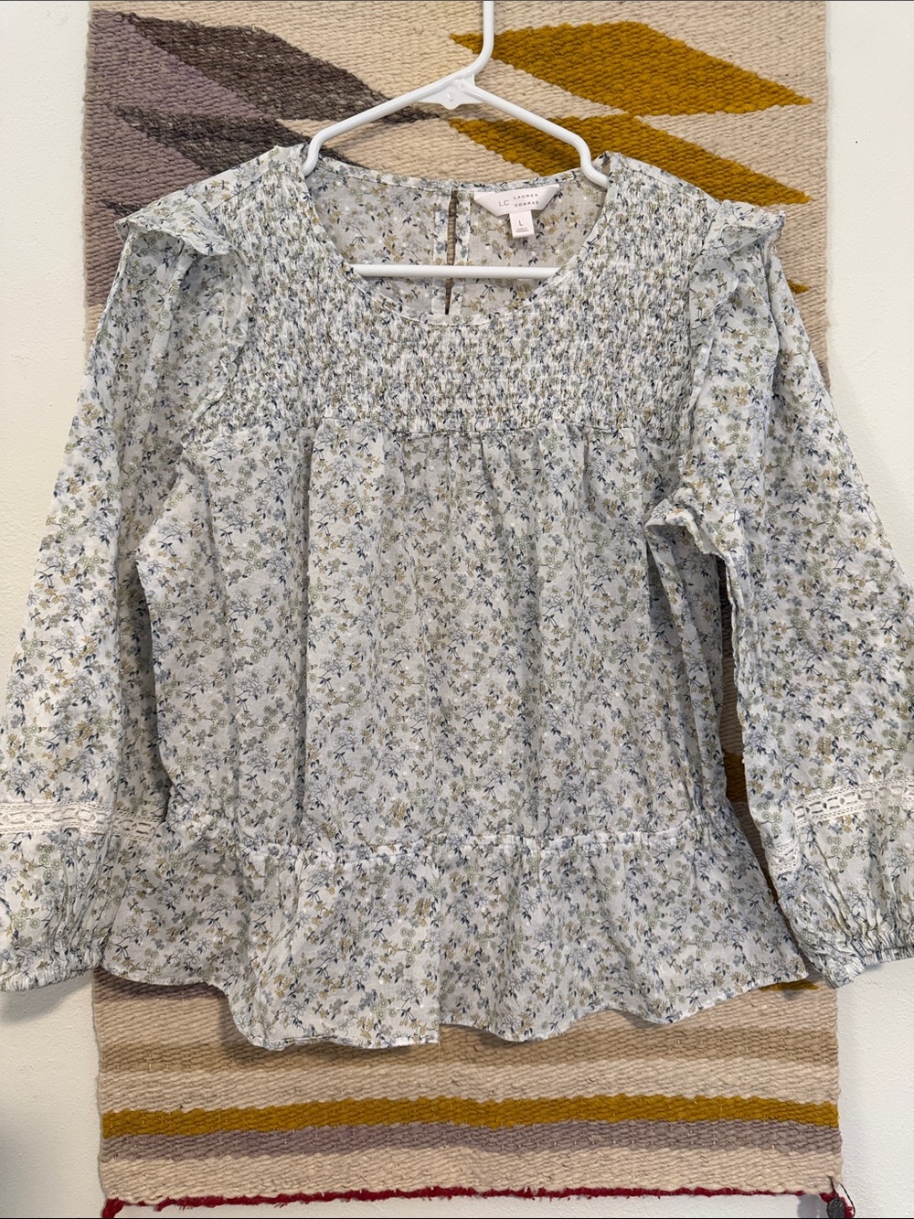 LC Lauren Conrad Light Blue Floral Smocked Peasant Blouse